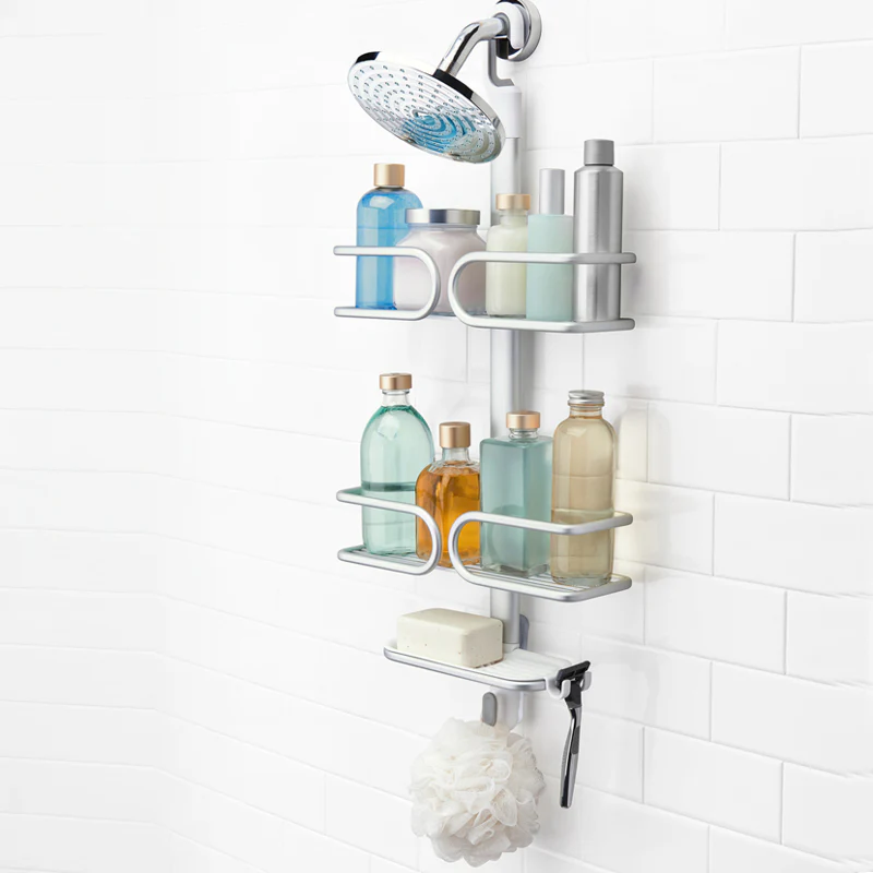 Étagère à 2 paniers et 1 savonnier pour la douche, aluminium gris