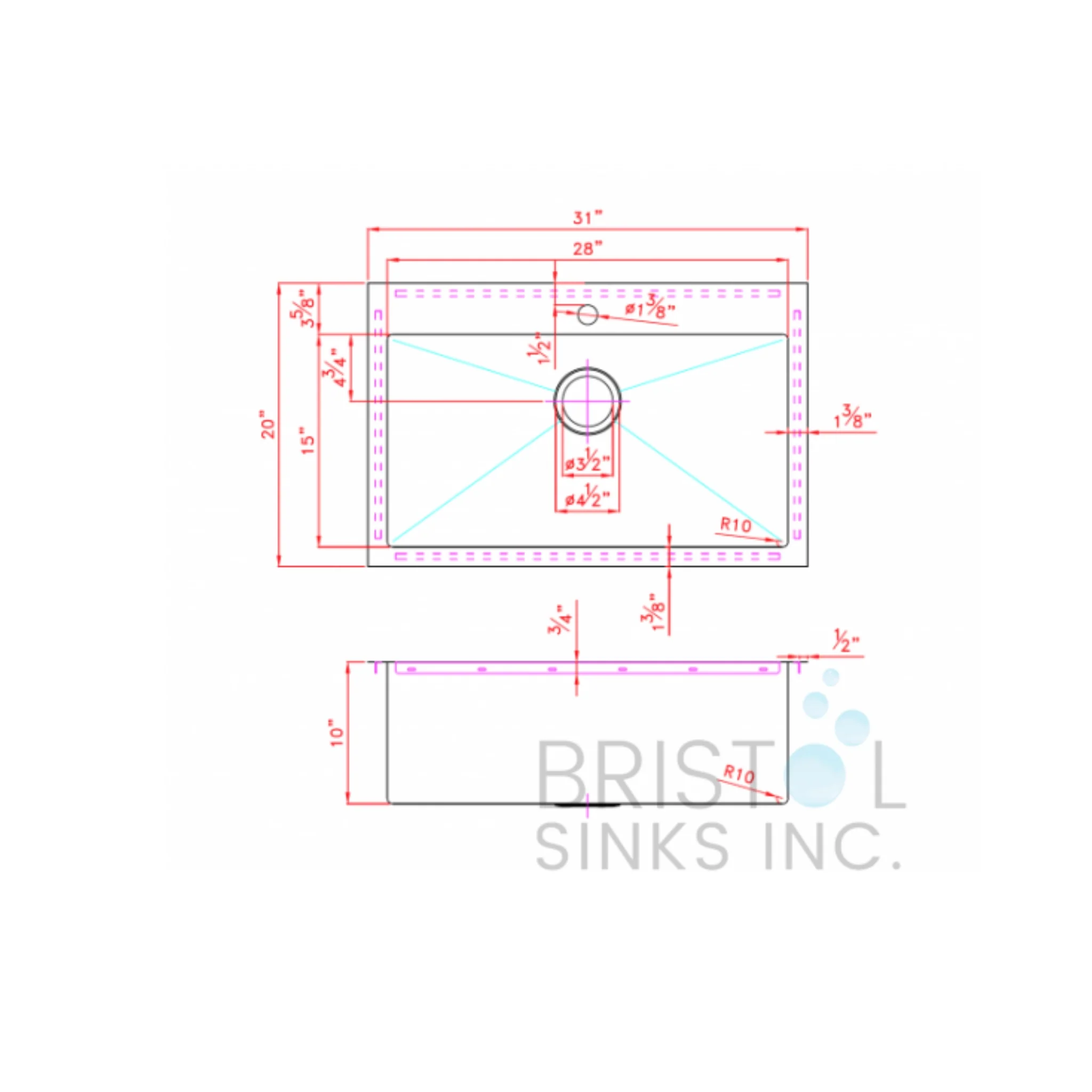 Évier de cuisine simple Sur plan Bristol 31” x 20” x 10” - Image 2