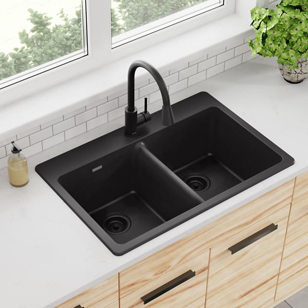 Évier de cuisine double sur plan en quartz noir - Image 2