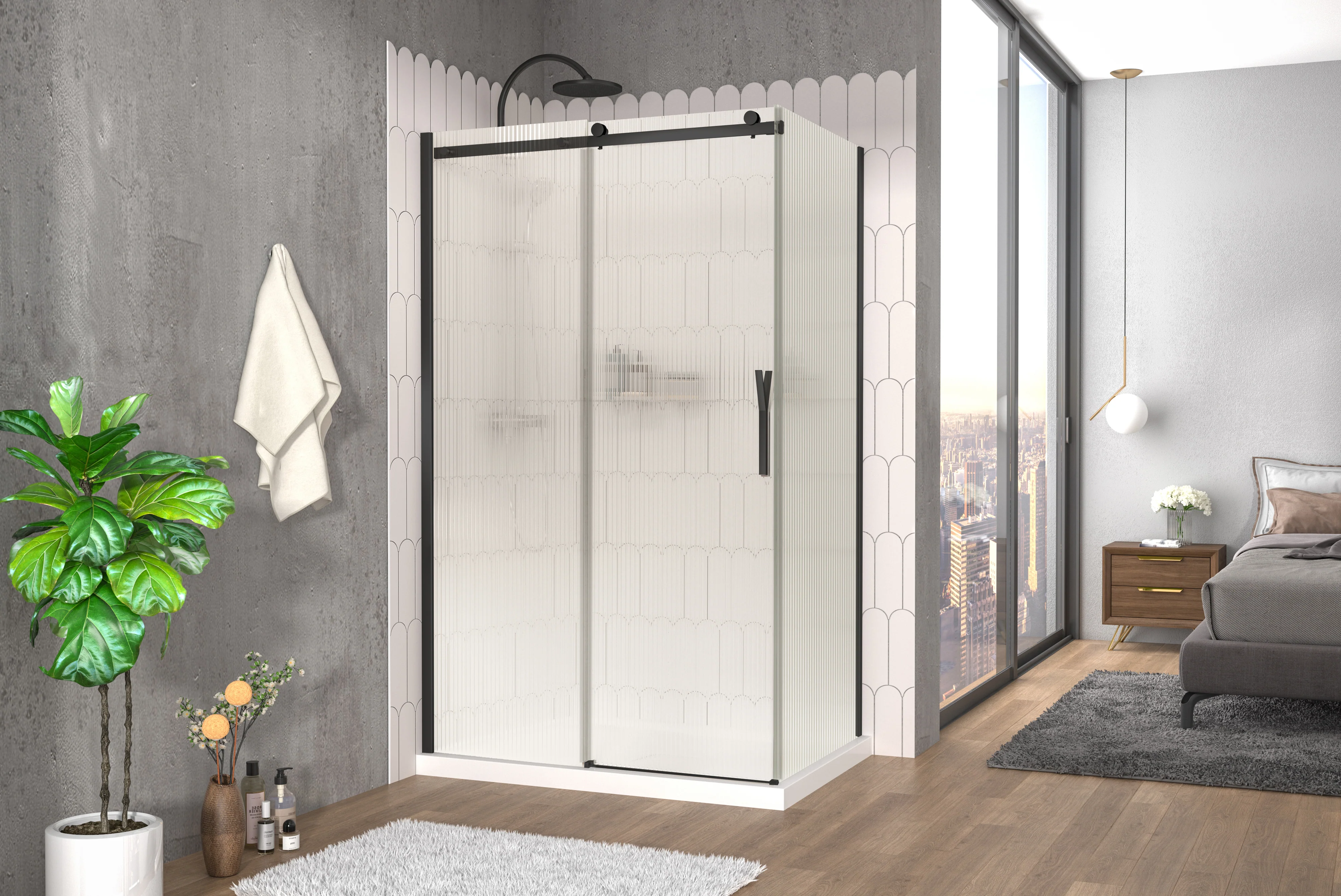 Porte de douche 2 côtés Collection Vaia verre flûte (fermeture contre le panneau de retour)